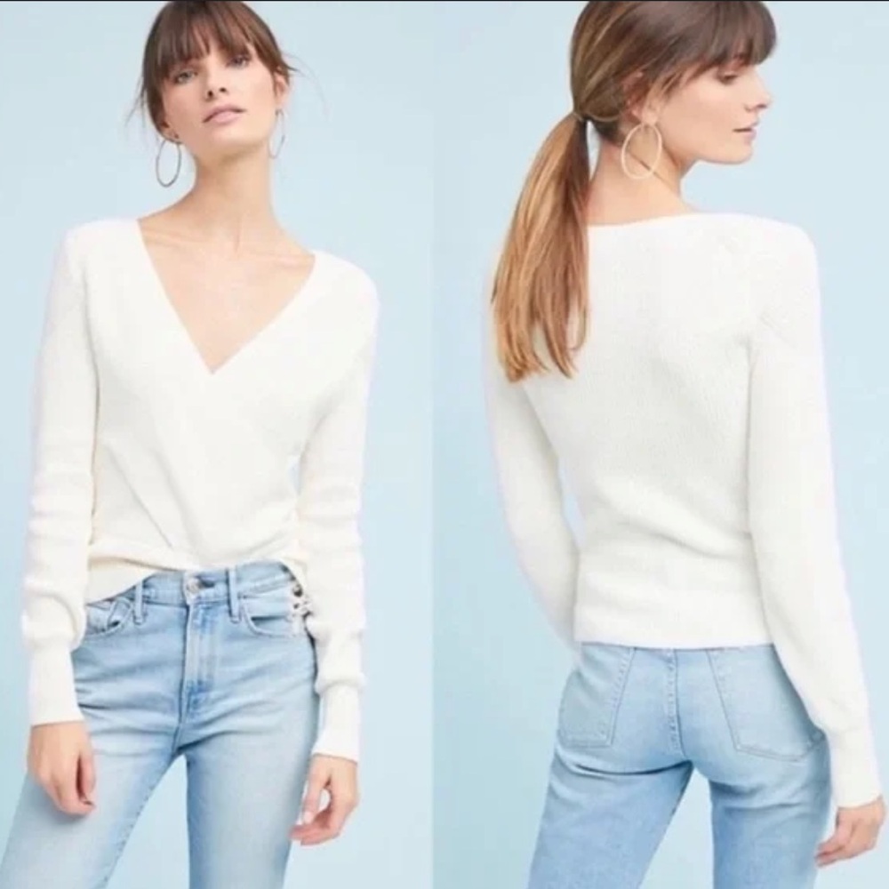 Anthropologie Moth faux wrap cross front v-neck sweater in ivory size medium